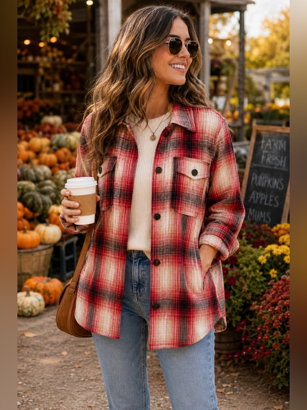 Lucky Brand Plaid Shacket Jacket M 100% Cotton Red Cream Overshirt